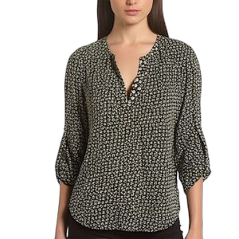 Collective Concepts Navy & Yellow Floral Roll Tab Sleeve Blouse XS